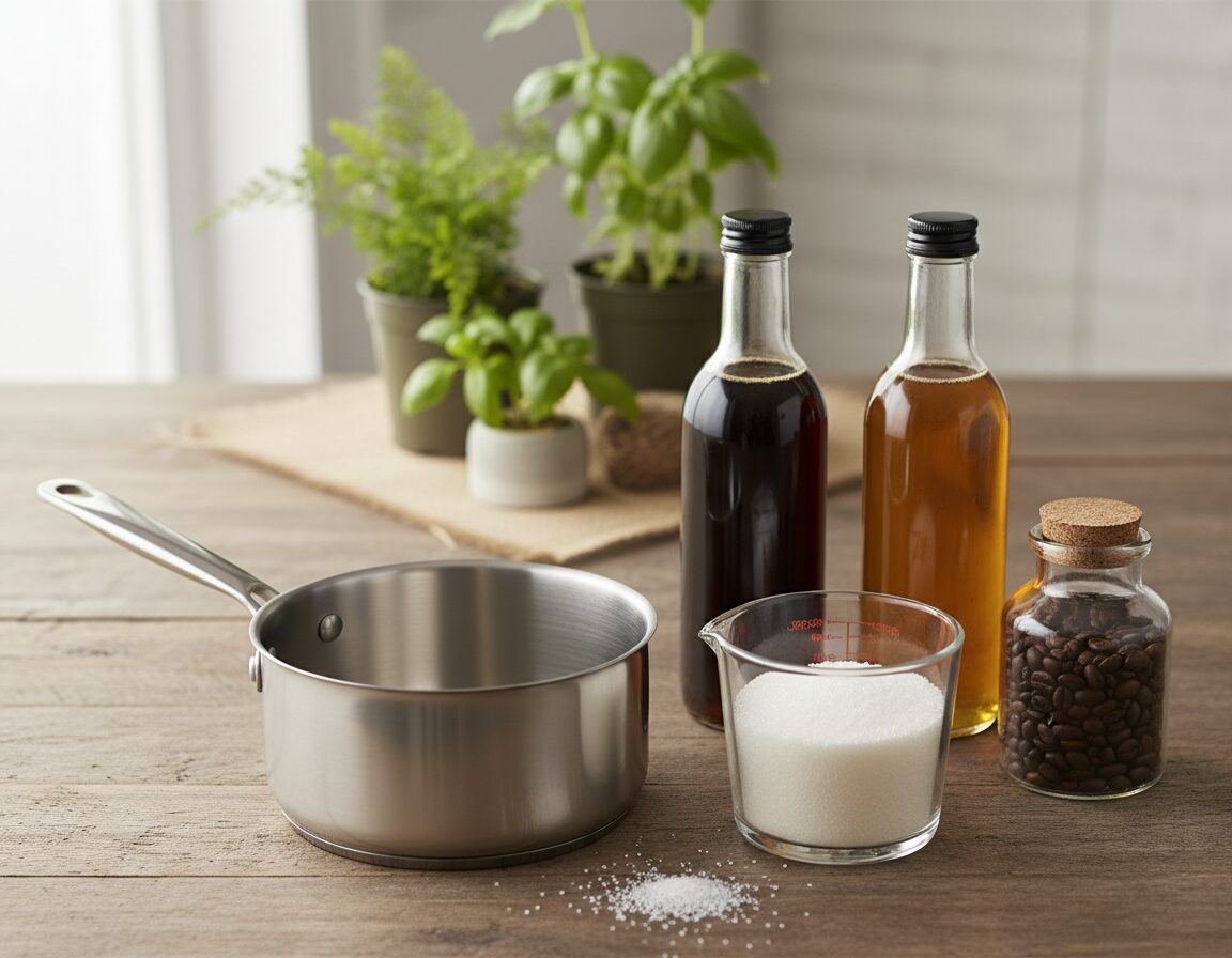 A beautifully arranged collection of essential tools for making homemade coffee syrup, carefully displayed on a rustic wooden table. In the foreground, a shiny stainless-steel saucepan sits beside a measuring cup filled with granulated sugar, and a small glass jar filled with fresh coffee beans. The middle ground features two elegant glass bottles, one containing dark coffee syrup and the other a rich vanilla extract. In the background, soft-focus greenery and burlap accents create a warm and inviting kitchen atmosphere. The lighting is soft and natural, streaming in from a window to highlight the textures of the ingredients. The overall mood is cozy and artisanal, inspiring a sense of comfort and creativity in the brewing process. A beautifully arranged collection of essential tools for making homemade coffee syrup, carefully displayed on a rustic wooden table. In the foreground, a shiny stainless-steel saucepan sits beside a measuring cup filled with granulated sugar, and a small glass jar filled with fresh coffee beans. The middle ground features two elegant glass bottles, one containing dark coffee syrup and the other a rich vanilla extract. In the background, soft-focus greenery and burlap accents create a warm and inviting kitchen atmosphere. The lighting is soft and natural, streaming in from a window to highlight the textures of the ingredients. The overall mood is cozy and artisanal, inspiring a sense of comfort and creativity in the brewing process.