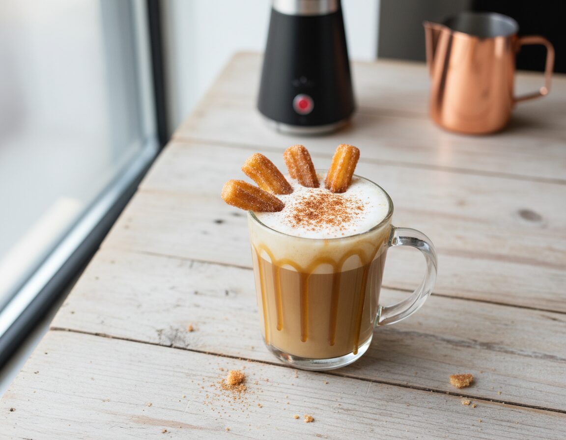 A beautifully crafted spiked churro latte sits in an elegant glass mug with a frothy top, accented by a caramel drizzle that catches the light. The foreground features the latte with a sprinkle of cinnamon and mini churros artistically placed on the rim. In the middle ground, a wooden table adds a rustic touch, with faint hints of churro crumbs scattered around. Soft, natural sunlight filters in from a nearby window, creating a warm and inviting atmosphere. The background consists of delicate kitchen elements like a chic coffee grinder and a stylish pitcher, but remains uncluttered to maintain focus on the drink. The overall mood is cozy and sophisticated, perfect for a creative coffee cocktail experience. A beautifully crafted spiked churro latte sits in an elegant glass mug with a frothy top, accented by a caramel drizzle that catches the light. The foreground features the latte with a sprinkle of cinnamon and mini churros artistically placed on the rim. In the middle ground, a wooden table adds a rustic touch, with faint hints of churro crumbs scattered around. Soft, natural sunlight filters in from a nearby window, creating a warm and inviting atmosphere. The background consists of delicate kitchen elements like a chic coffee grinder and a stylish pitcher, but remains uncluttered to maintain focus on the drink. The overall mood is cozy and sophisticated, perfect for a creative coffee cocktail experience.