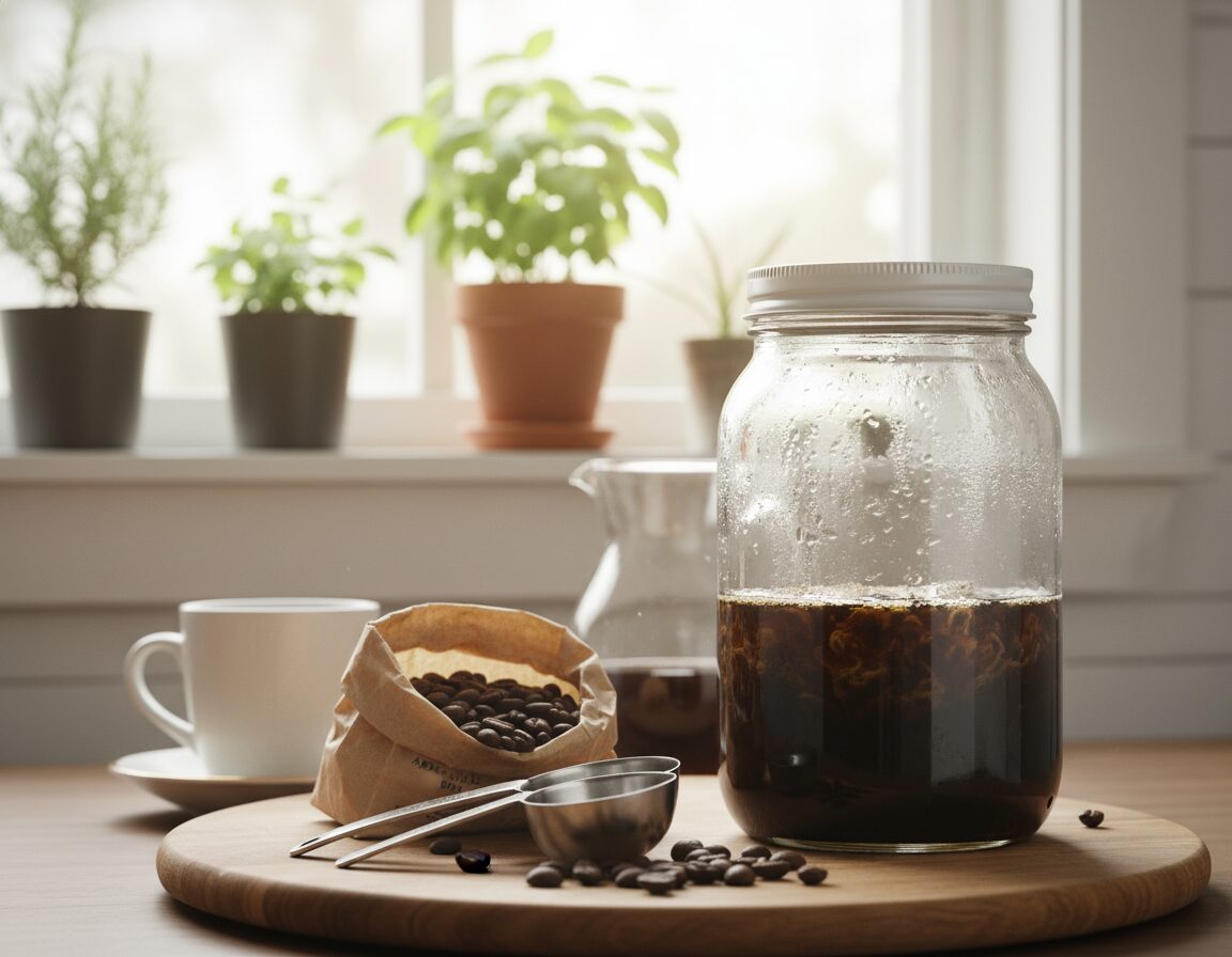 A cozy kitchen scene featuring a glass jar filled with coarsely ground coffee and cold water, emphasizing the process of making cold brew coffee concentrate. The foreground showcases a wooden cutting board with measuring scoops and a fresh coffee bean bag, while the middle features the large jar adorned with condensation, drawing attention to the brewing process. In the background, soft natural light filters through a window, illuminating herbs and a potted plant on a shelf, creating a serene atmosphere. The image should have a warm, inviting mood, captured with a shallow depth of field to highlight the concentrate jar, using soft focus on the background. A cozy kitchen scene featuring a glass jar filled with coarsely ground coffee and cold water, emphasizing the process of making cold brew coffee concentrate. The foreground showcases a wooden cutting board with measuring scoops and a fresh coffee bean bag, while the middle features the large jar adorned with condensation, drawing attention to the brewing process. In the background, soft natural light filters through a window, illuminating herbs and a potted plant on a shelf, creating a serene atmosphere. The image should have a warm, inviting mood, captured with a shallow depth of field to highlight the concentrate jar, using soft focus on the background.