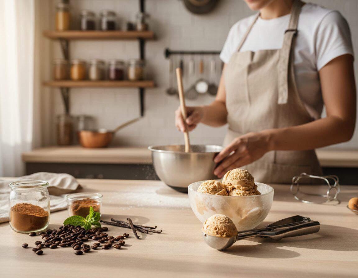 A cozy kitchen scene where a person is joyfully experimenting with coffee ice cream recipes. In the foreground, a wooden countertop is adorned with ingredients like coffee beans, vanilla pods, and a frosty bowl of freshly churned coffee ice cream, with a scoop resting beside it. The middle ground features an engaging figure, dressed in casual yet neat attire, mixing ingredients in a large bowl. The background is softly blurred to emphasize the action, showcasing rustic shelves lined with jars of spices and baking tools. The warm, inviting lighting simulates a late afternoon sun, casting gentle shadows and creating a homey atmosphere filled with creativity and culinary delight.