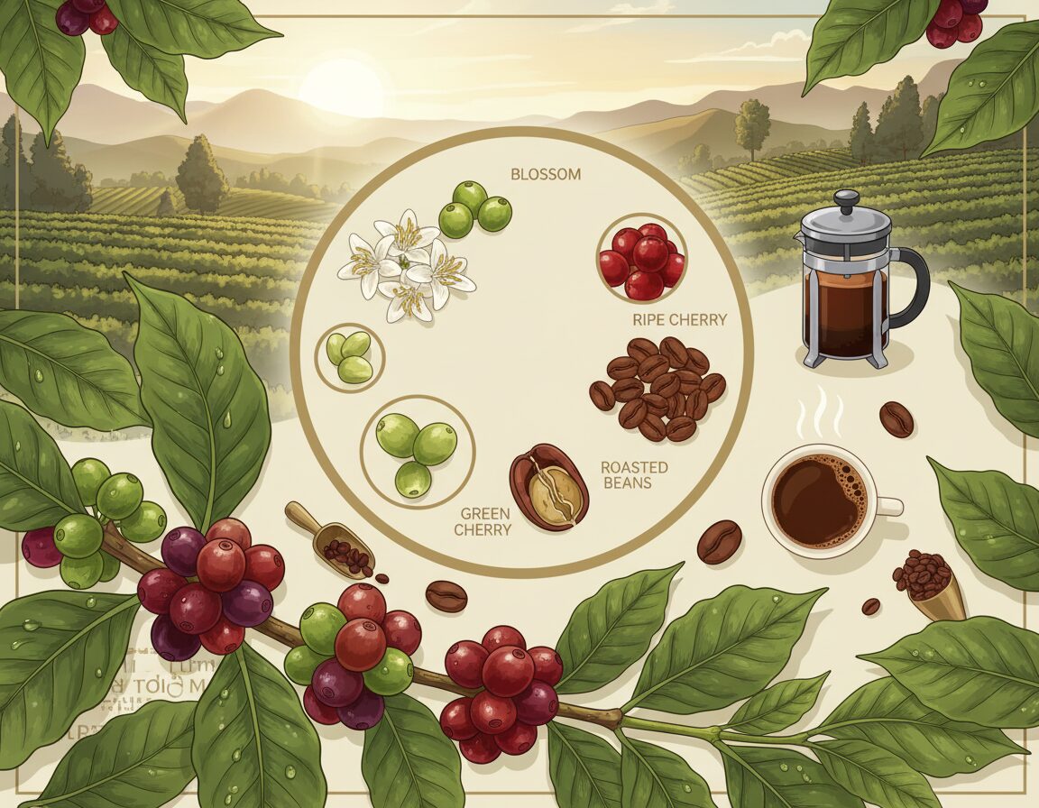 A detailed illustration of the coffee plant lifecycle, showcasing the journey from cherry to brew. In the foreground, vibrant green coffee cherries hang from a well-defined coffee plant, glistening with morning dew. The middle layer features the stages of development: blooms with delicate white flowers, unripe green cherries, and ripe red cherries, all arranged harmoniously. In the background, a lush coffee plantation stretches into rolling hills under soft, warm sunlight, casting gentle shadows that create depth and texture. The atmosphere is serene and inviting, embodying the rich tradition of coffee cultivation. The composition should be captured with a slightly elevated angle, using a professional lens to emphasize details and natural textures, ensuring clarity and a lush, organic feel without clutter.