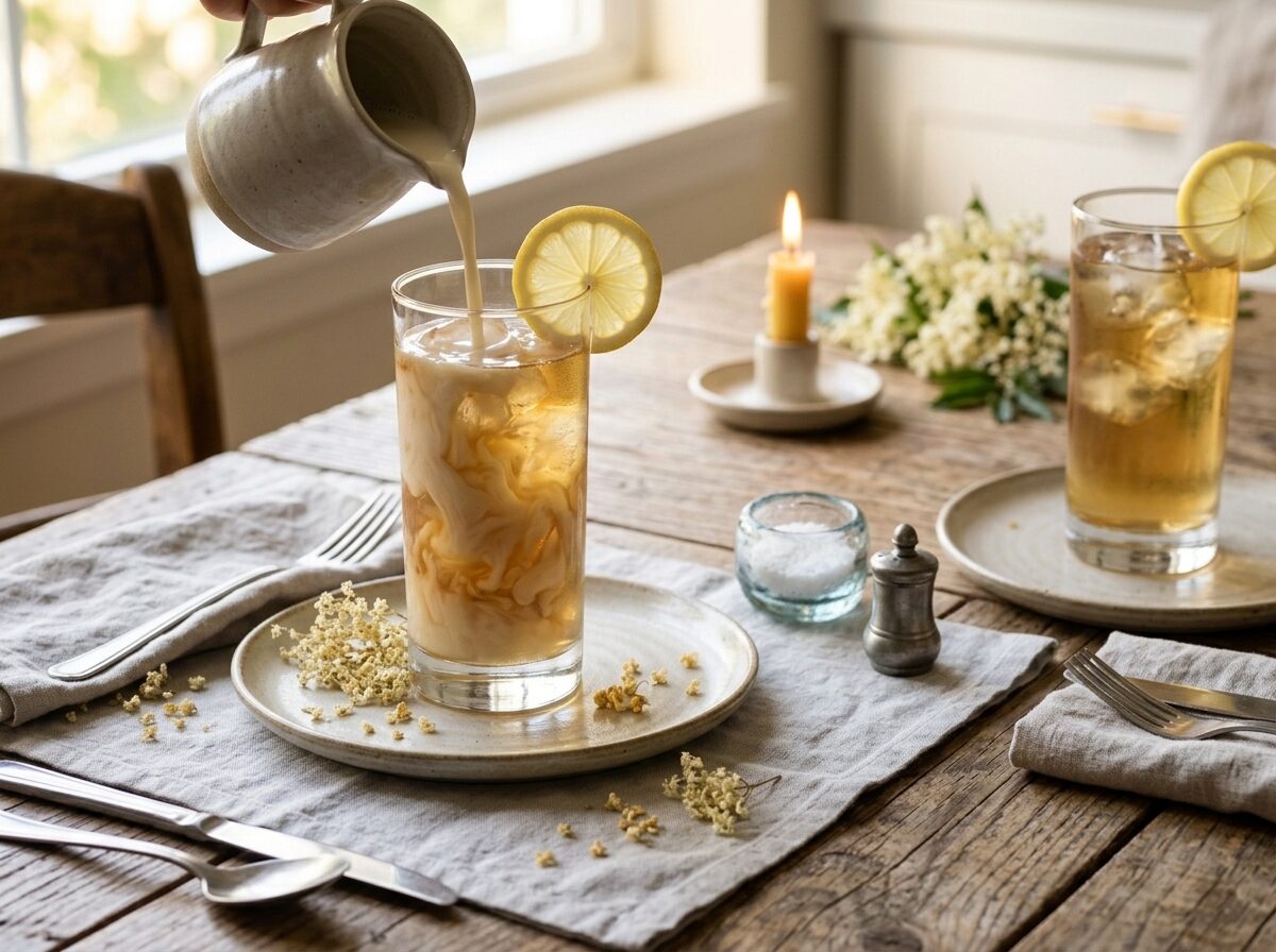 Two glasses of elderflower cold brew on ice on a wooden garden table with fresh elderflower sprigs alongside