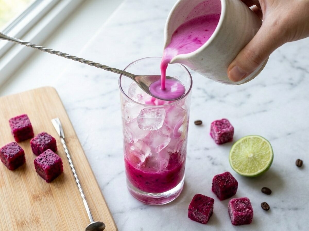 Pink dragon fruit coconut base being poured over a spoon into an ice-filled glass to create a layered iced coffee