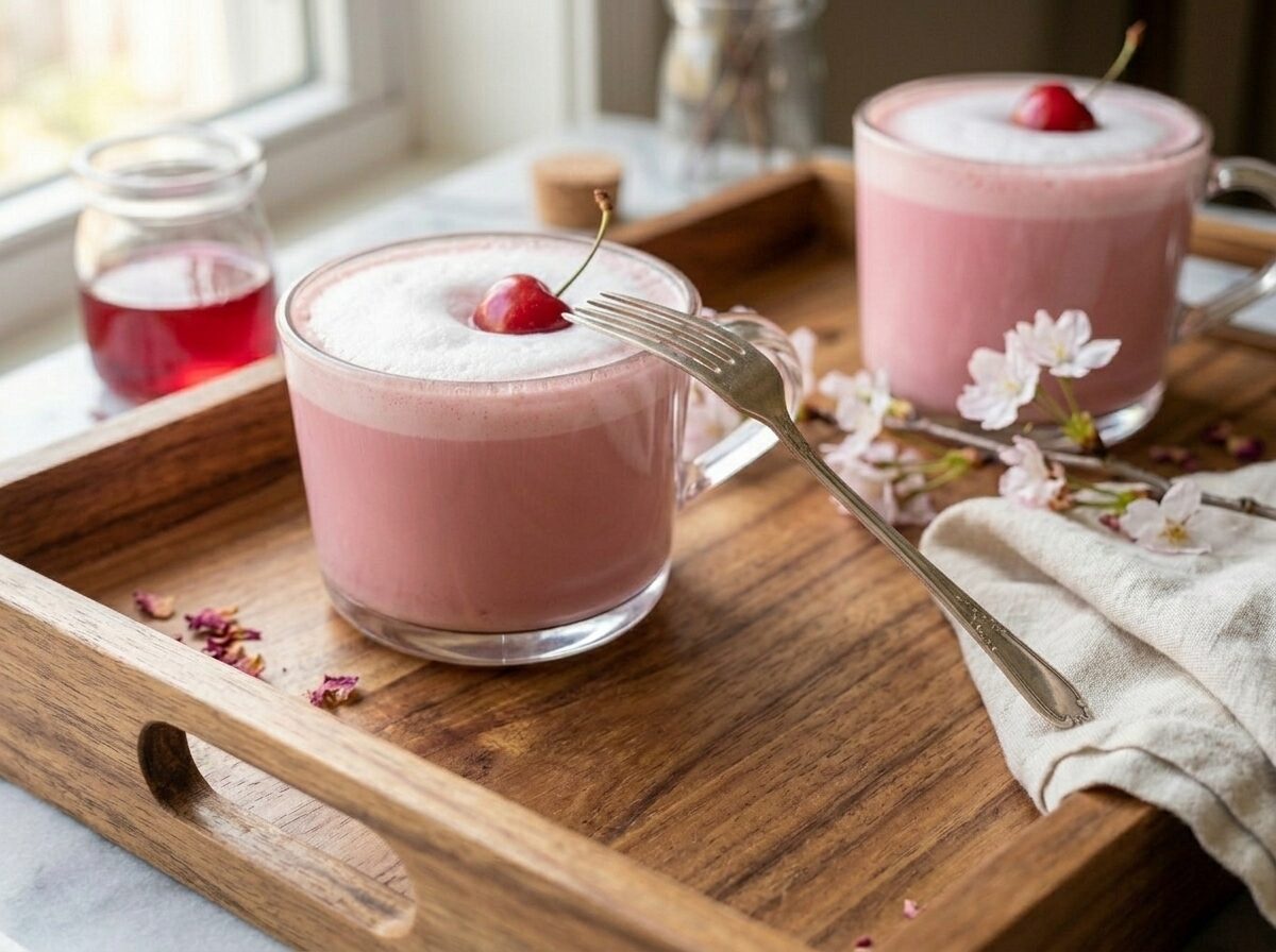 Two cherry blossom lattes on a wooden tray with a linen napkin and cherry blossom sprig in morning light