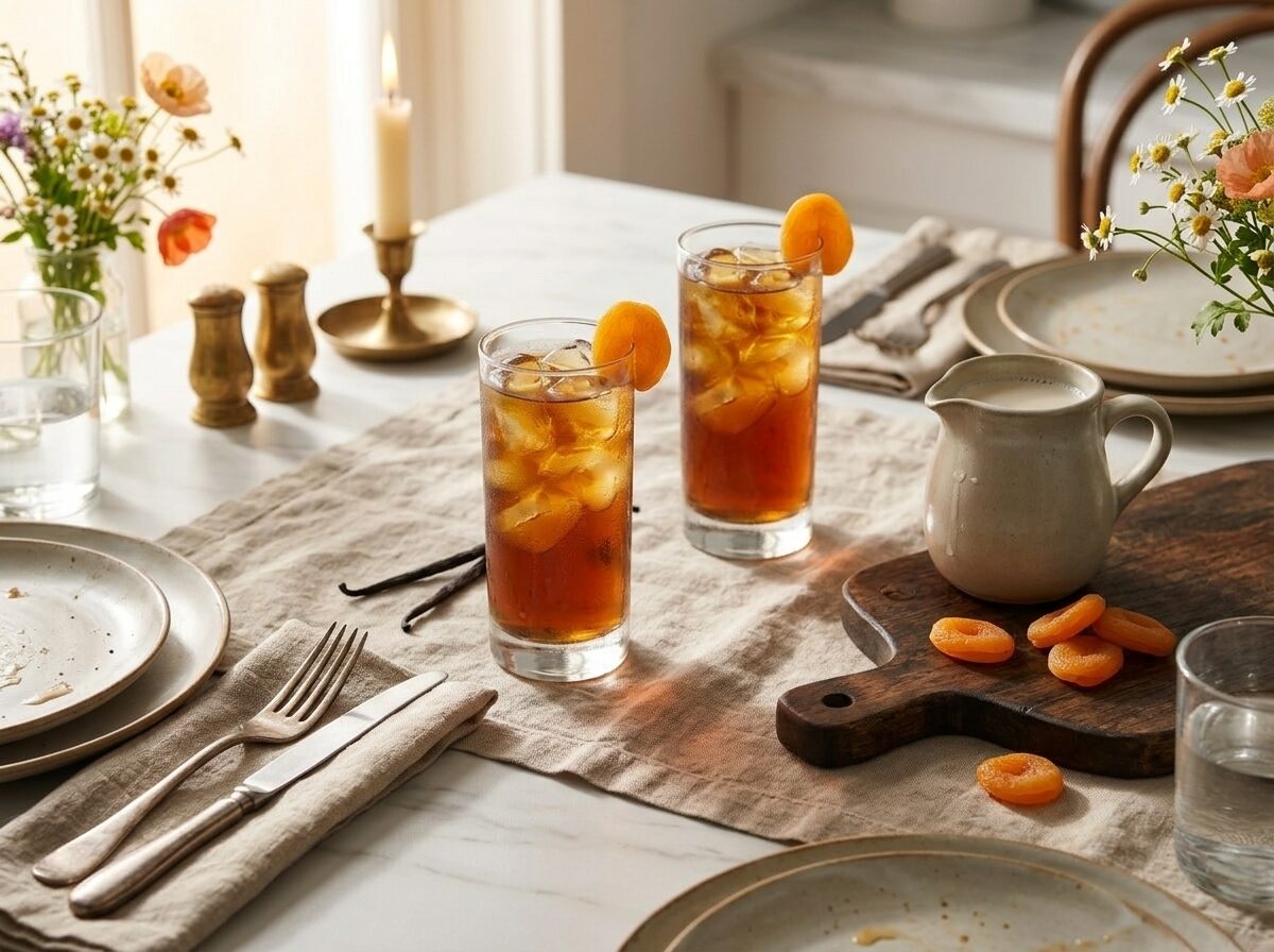 Two glasses of apricot vanilla cold brew with oat milk pitcher and dried apricots on a linen-covered brunch table