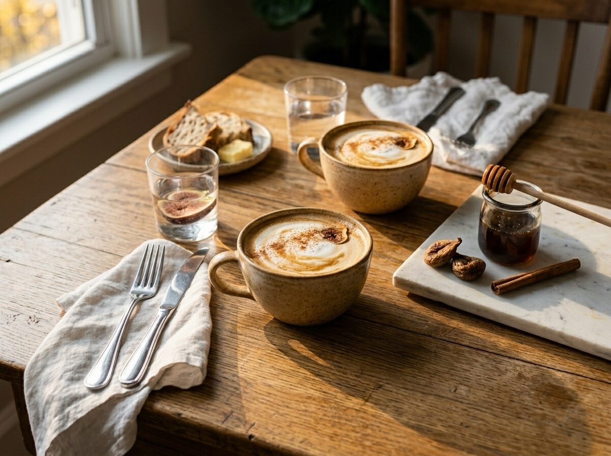 Two fig and honey lattes on an oak table with a honey jar, dried figs, and cinnamon stick in morning light