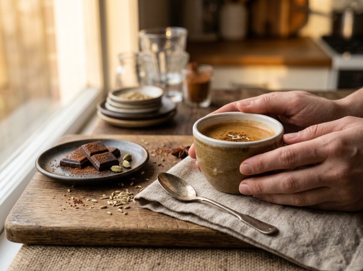 Cup of fennel spiced coffee on linen napkin beside dark chocolate and cardamom pods in warm light