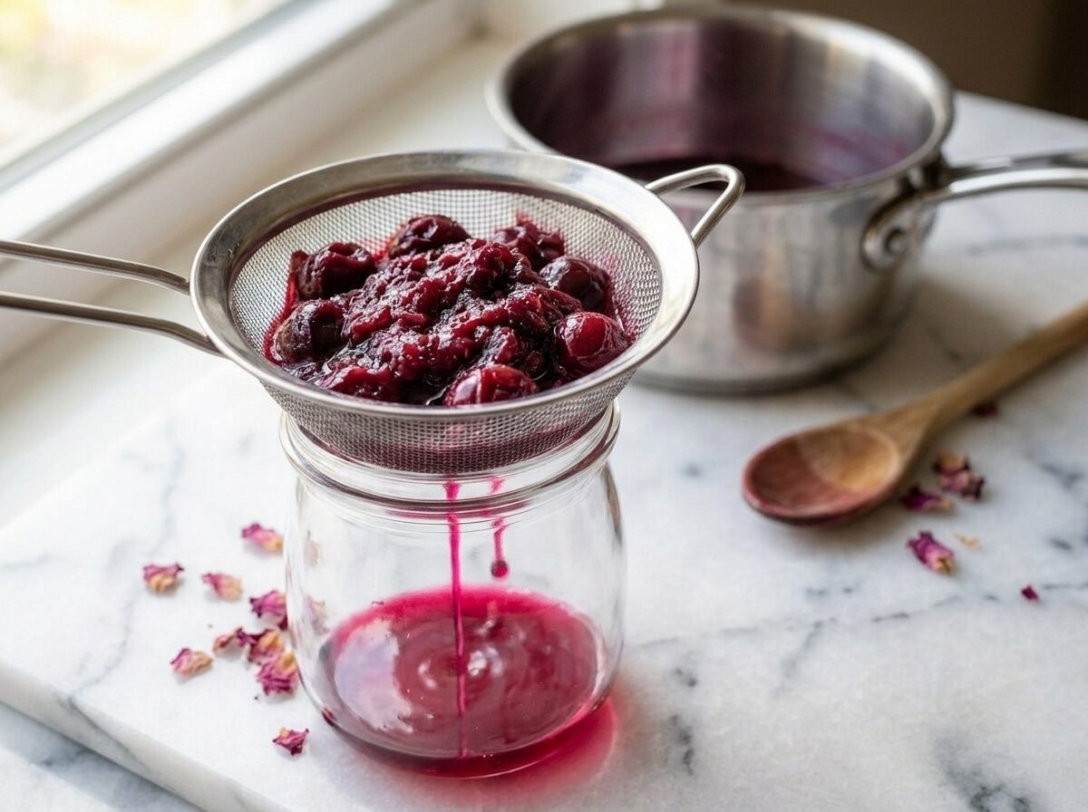 Homemade cherry syrup being strained through a fine-mesh sieve into a glass jar on a marble surface