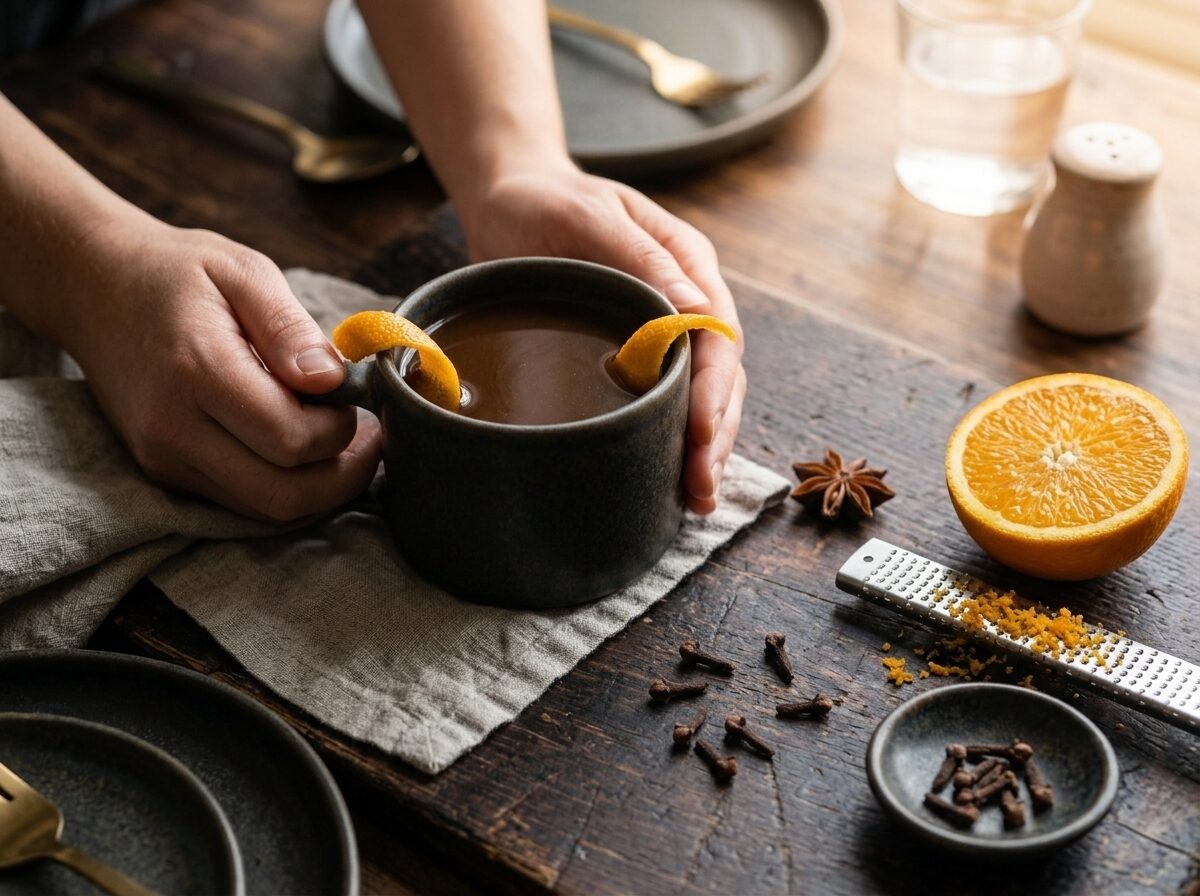 Mug of clove and orange coffee on marble surface beside a halved navel orange and microplane grater with fresh zest