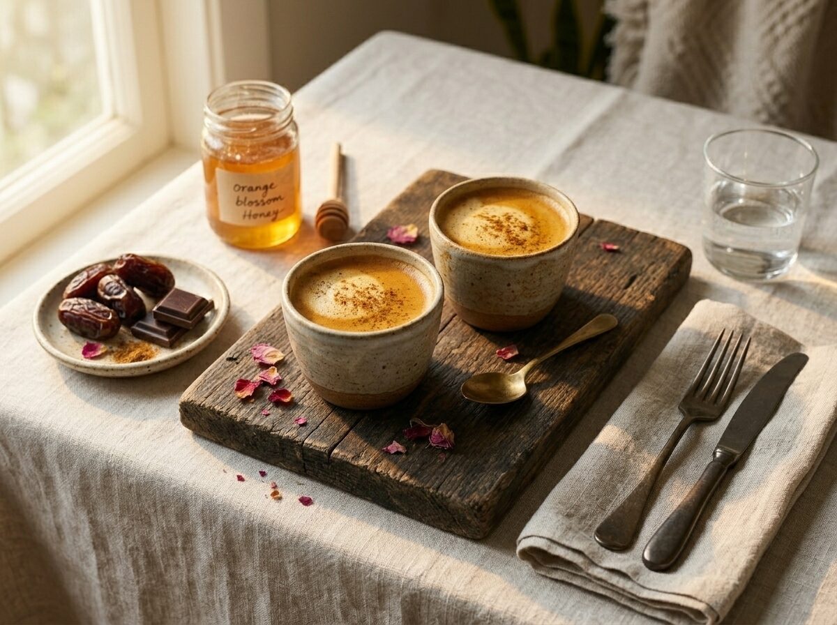 Ras el hanout coffee served with dates and dark chocolate on a linen cloth with orange blossom honey nearby