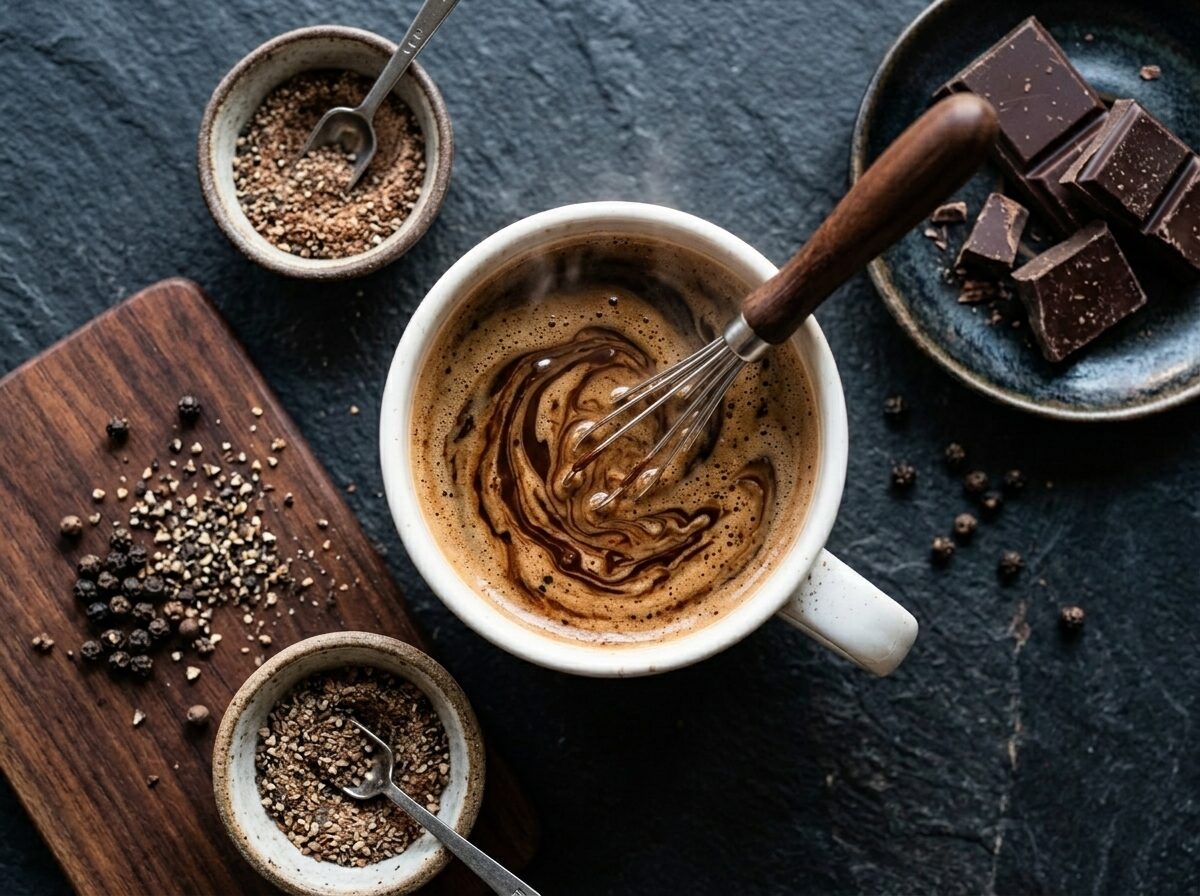 Whisking melted dark chocolate into fresh espresso with cracked black peppercorns on a wooden board beside the mug