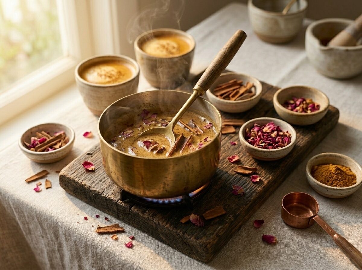 Ras el hanout spice blend being stirred in a small brass saucepan with steam rising over a gas flame