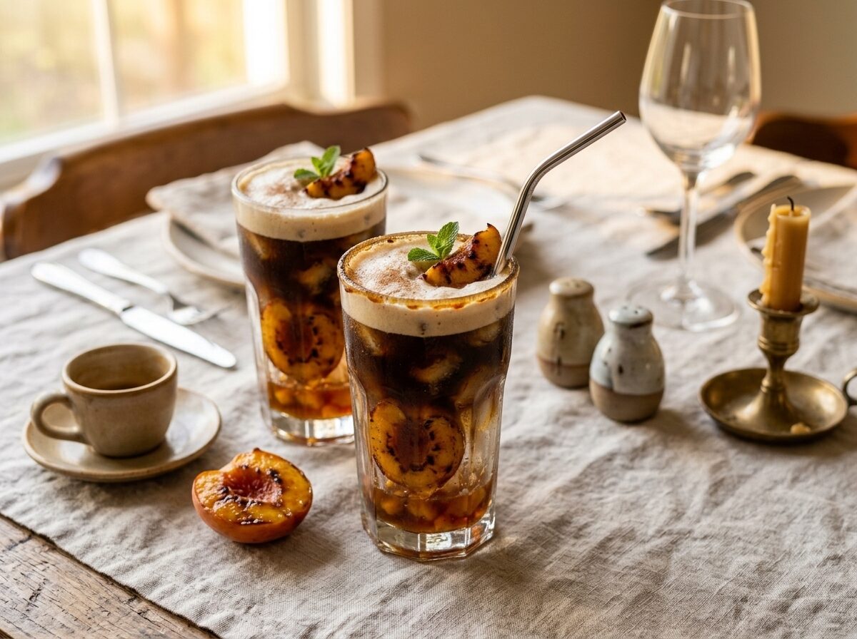 Two iced roasted peach espresso drinks on linen with fresh peach and ceramic espresso cup in natural light