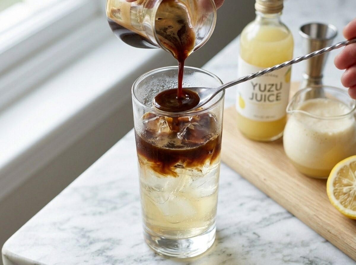 Bar spoon pour technique adding espresso over yuzu tonic water and ice to create a layered coffee drink