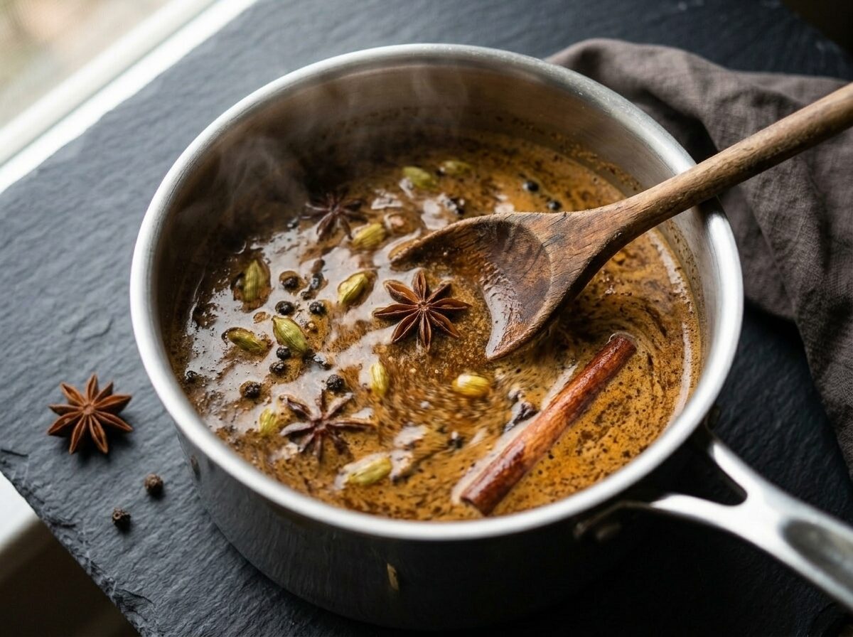 Garam masala blooming in a small saucepan with steam rising and a wooden spoon resting on the rim