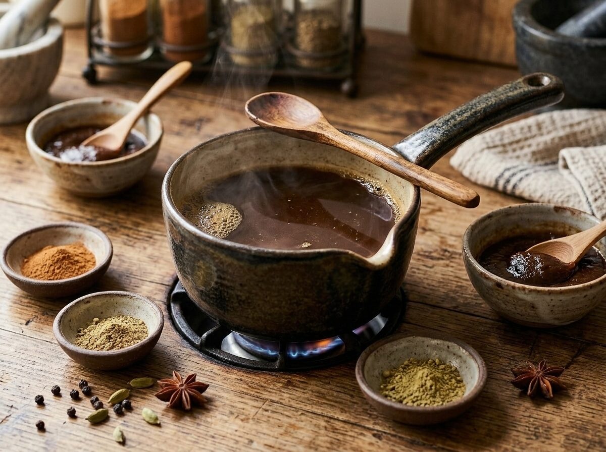 Saucepan simmering tamarind and cardamom spice base for homemade spiced coffee on a stovetop