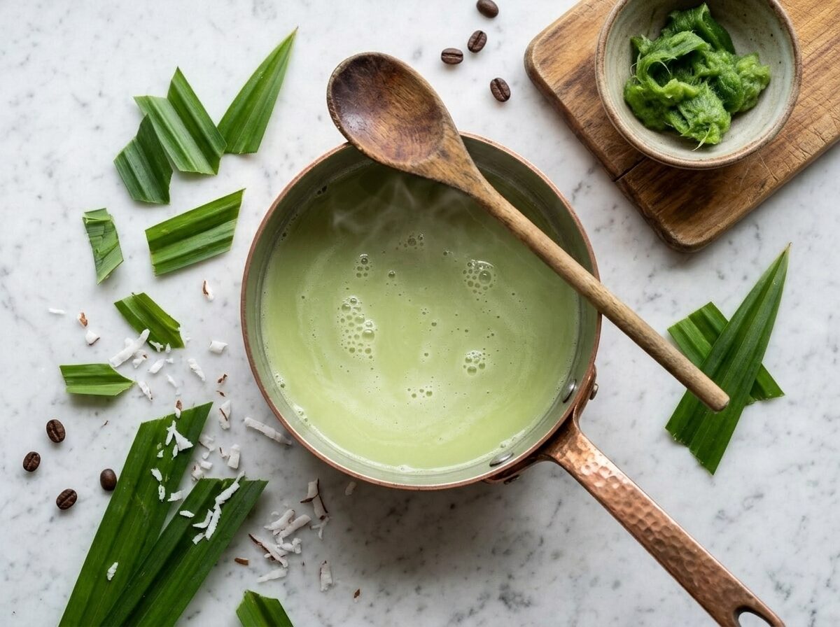 Pale green pandan syrup simmering in a small saucepan on a stovetop with a wooden spoon