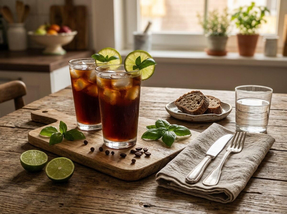 Two glasses of basil lime cold brew on a wooden board with fresh basil sprigs and lime halves in warm light