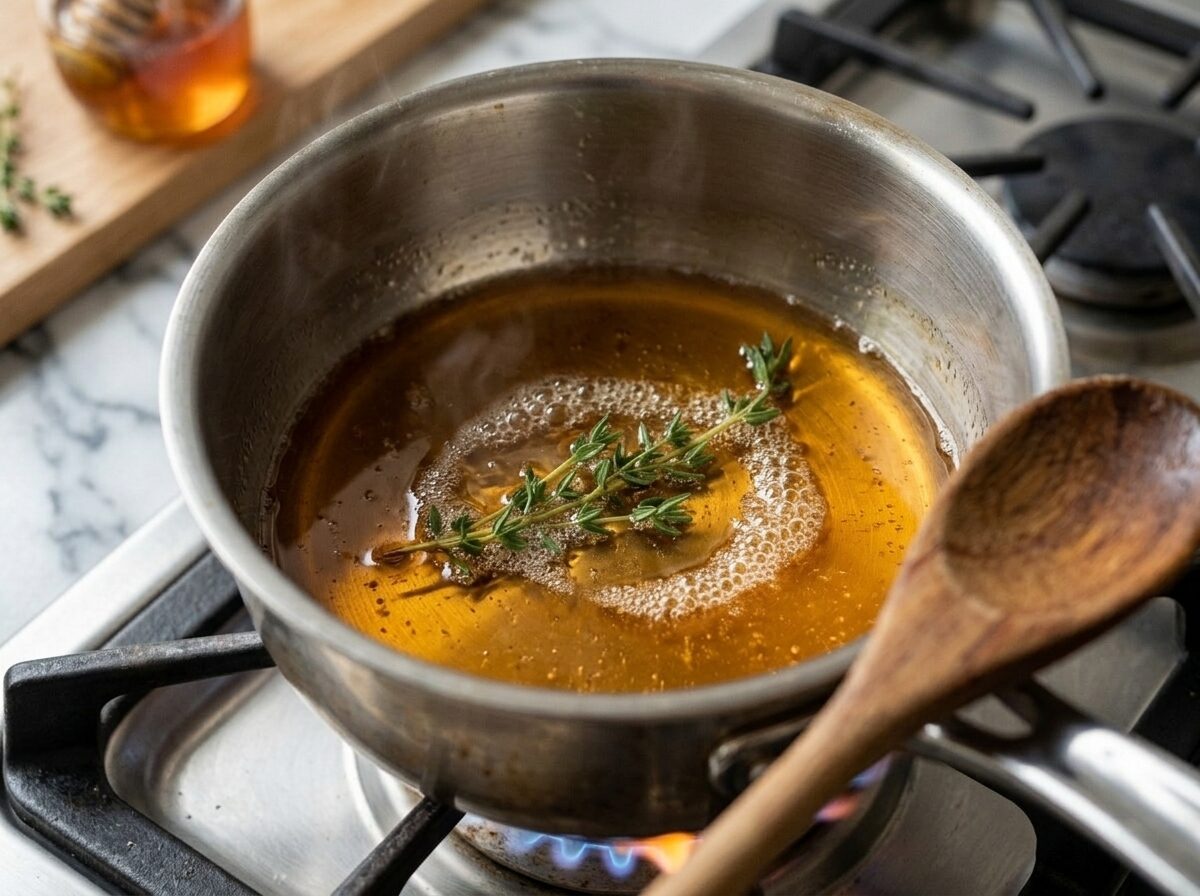 Small saucepan on stovetop with fresh thyme sprigs simmering in golden honey syrup for a latte recipe