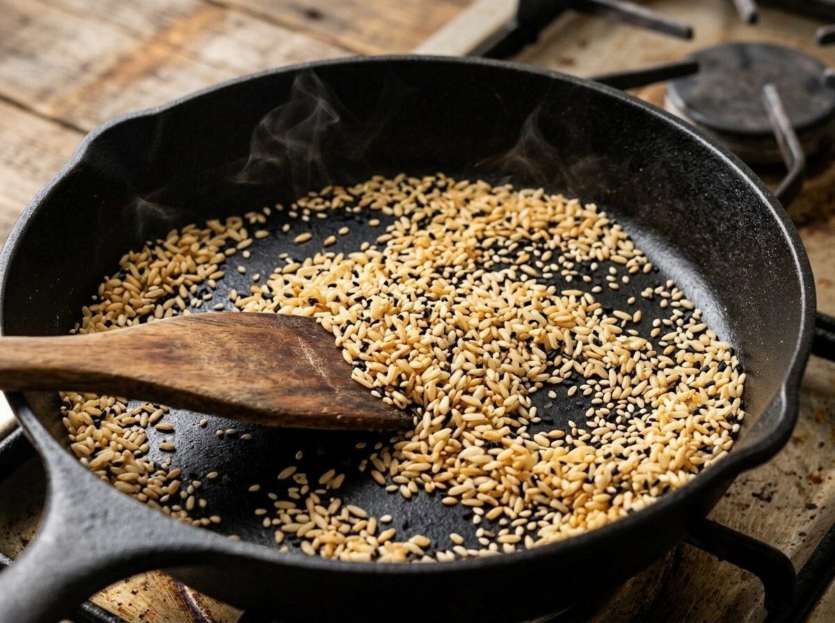 Toasted jasmine rice grains being stirred in a dry skillet until golden for mango sticky rice latte base