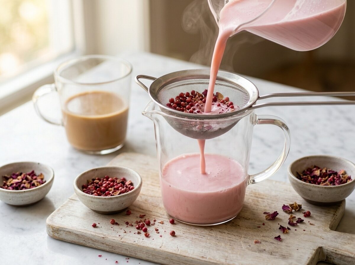 Warm pink peppercorn-steeped milk being strained through a fine-mesh sieve into a glass pitcher, steam rising