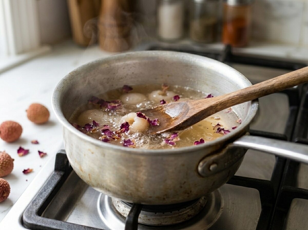 Lychee rose syrup simmering in a small saucepan with dried rose petals floating on the stovetop