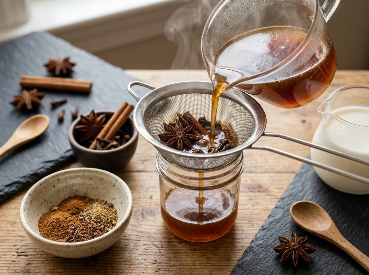 Five spice syrup being strained through a fine-mesh sieve into a glass jar, steam rising, wooden surface