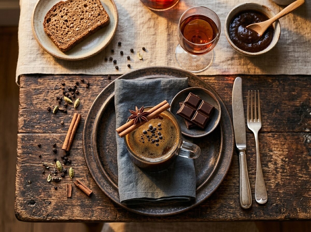 Hand holding a clear glass of tamarind spiced coffee beside dark chocolate on a linen napkin