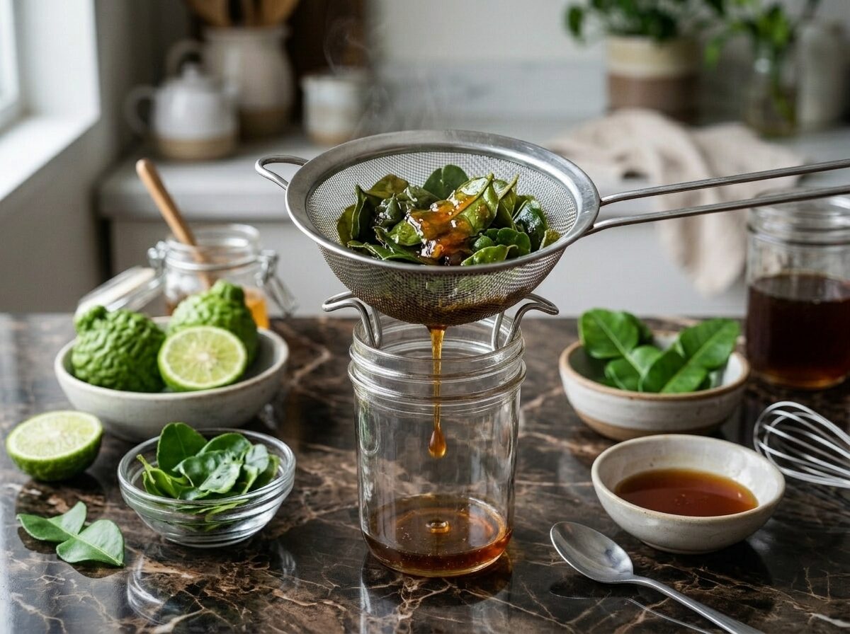 Kaffir lime leaf syrup being strained through a fine-mesh sieve into a glass jar on a dark marble counter