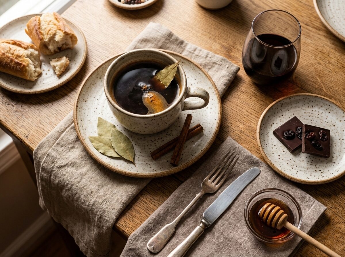 Bay leaf infused coffee in a ceramic mug served with dark chocolate squares and a honey dipper on a linen napkin