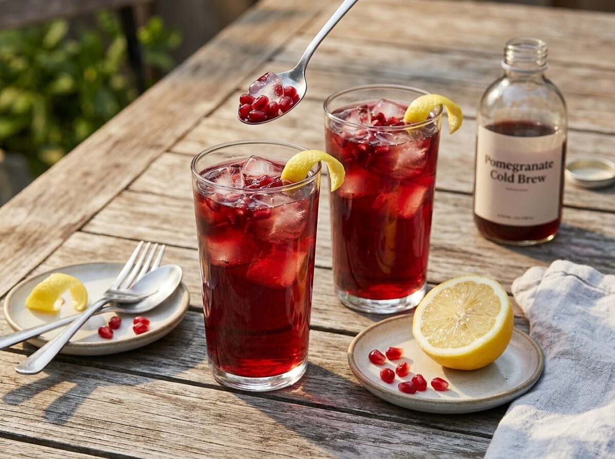 Two ruby-red pomegranate cold brew coolers on a wooden outdoor table with lemon garnish and a linen napkin