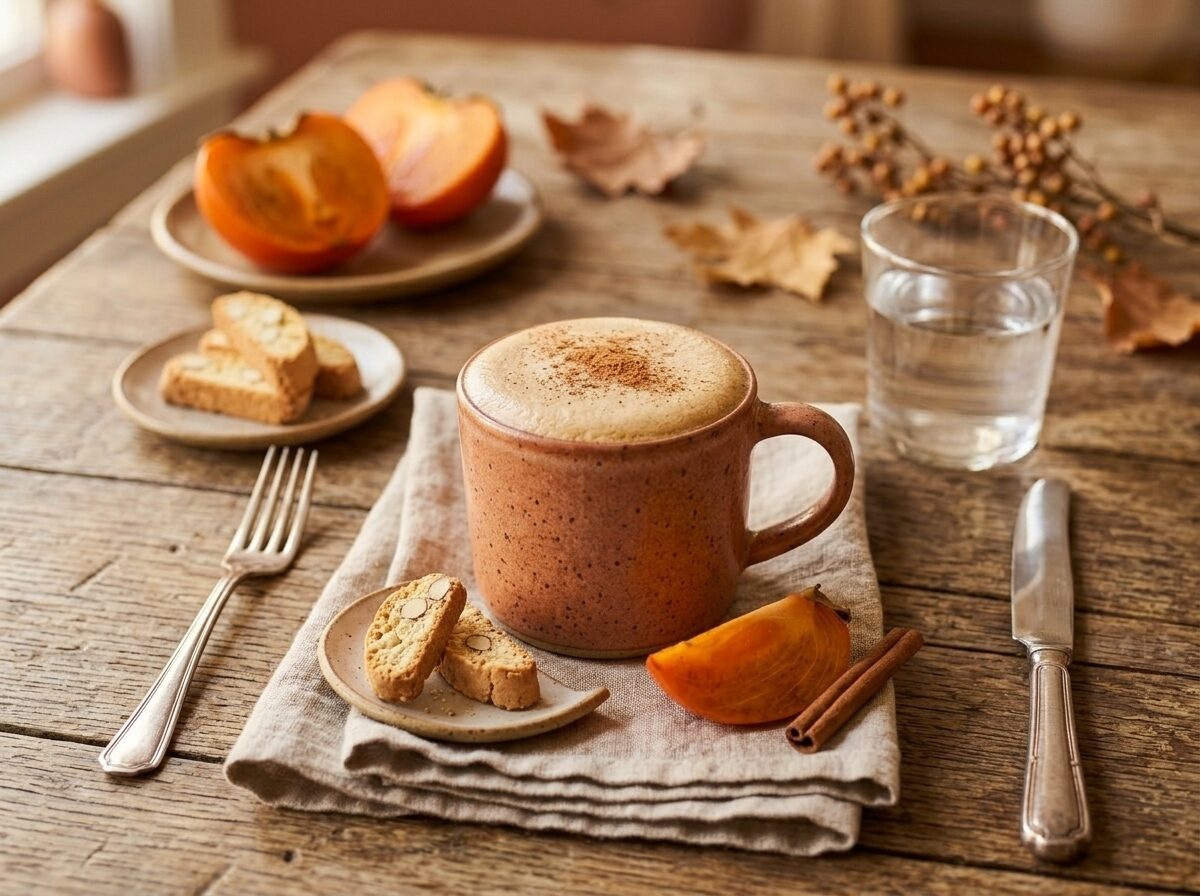 Stoneware mug of persimmon spice latte beside almond biscotti and a halved Hachiya persimmon in morning light