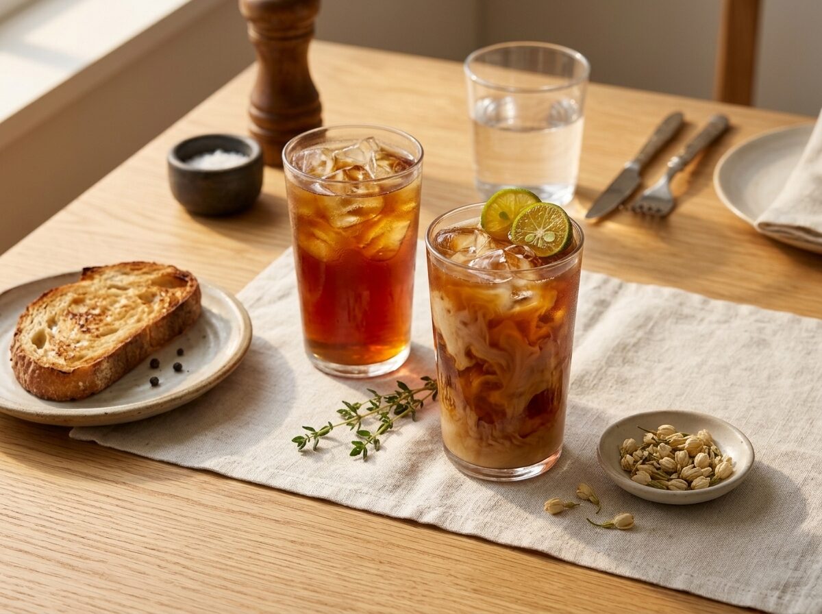 Two glasses of jasmine cold brew with oat milk swirl on a linen napkin with loose jasmine tea leaves as a prop