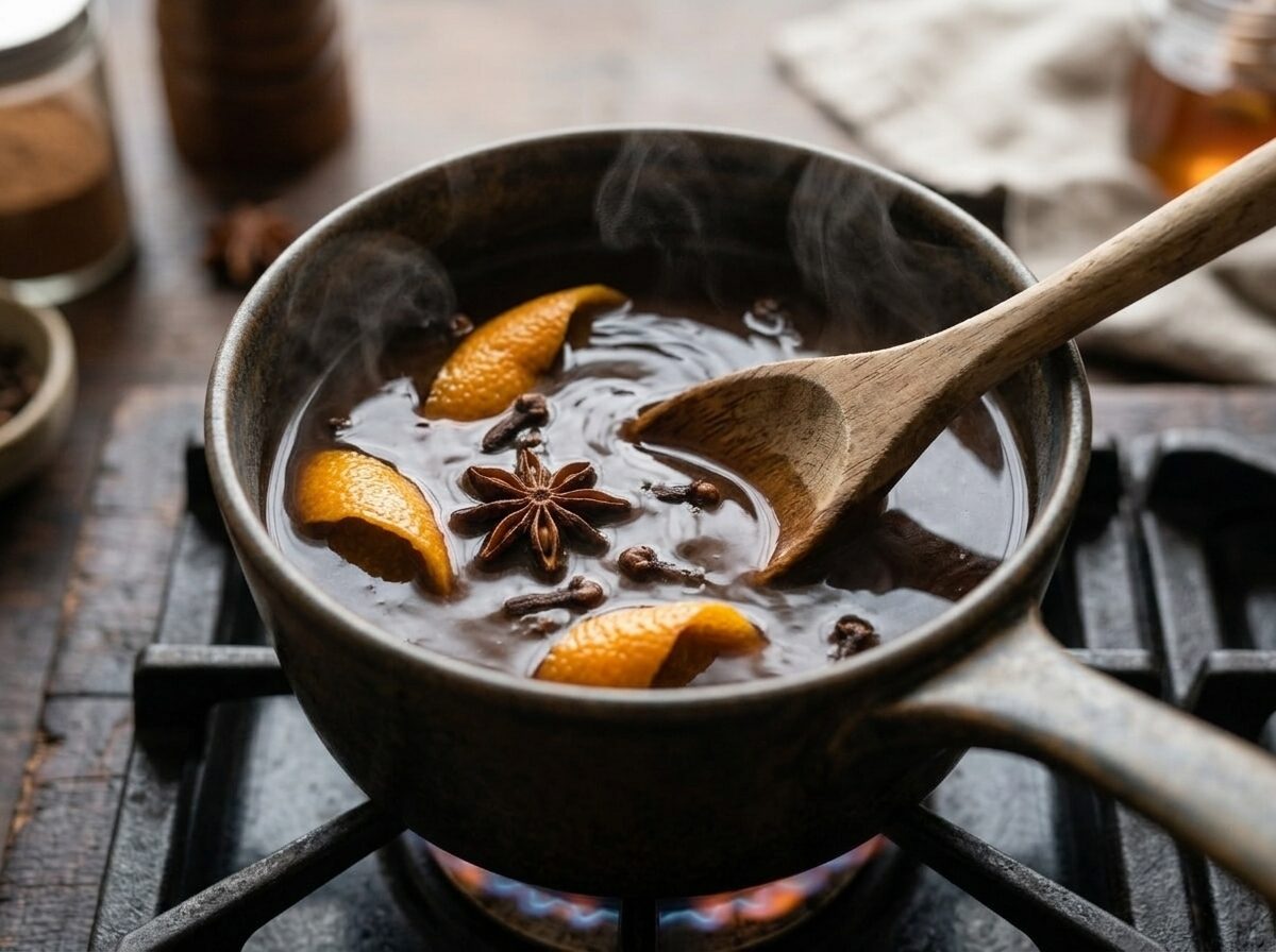Small saucepan on stovetop with dark coffee and whole cloves steeping, wooden spoon stirring, steam rising