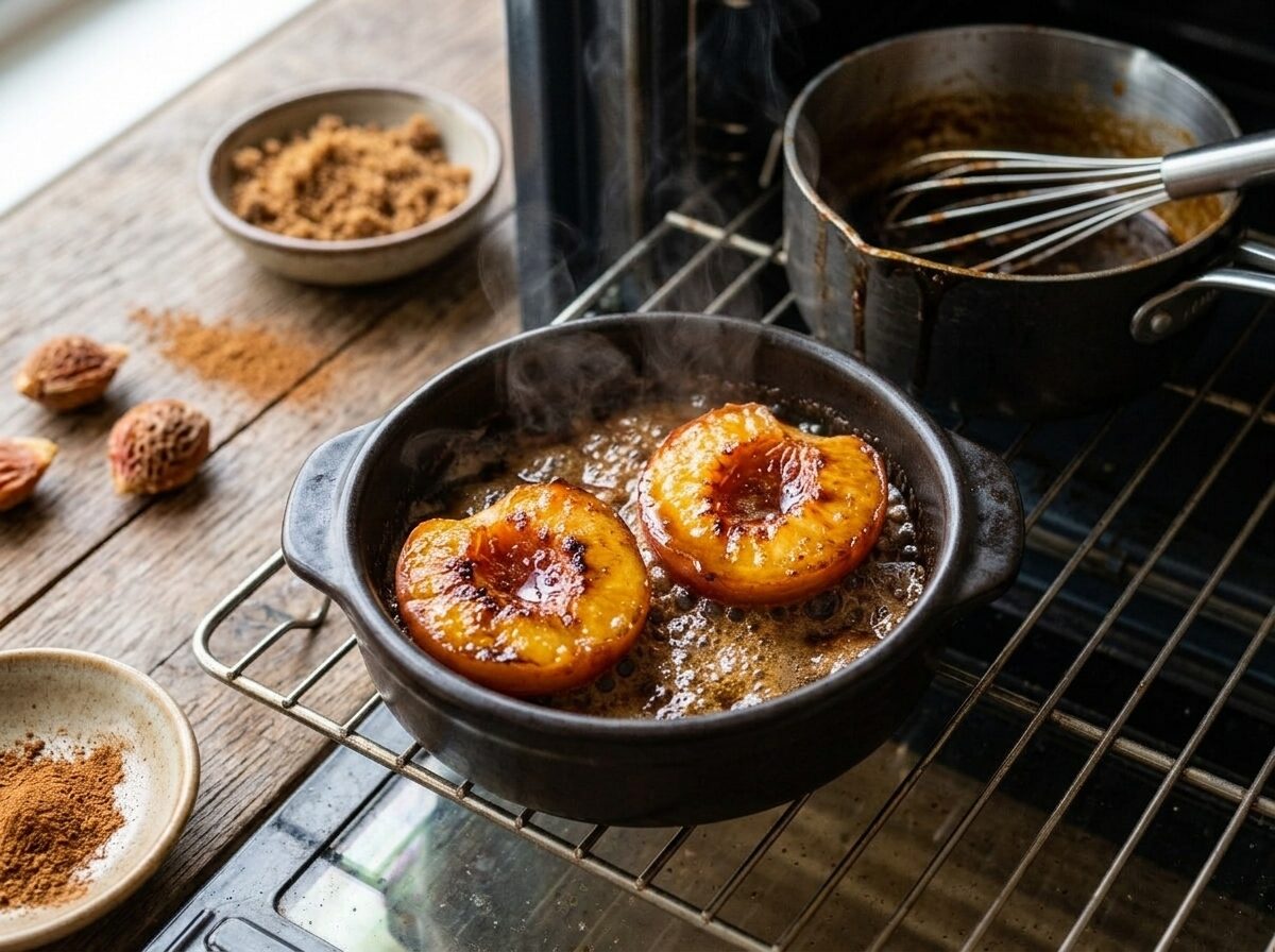 Two peach halves roasting in a baking dish with bubbling brown sugar syrup and golden caramelized edges