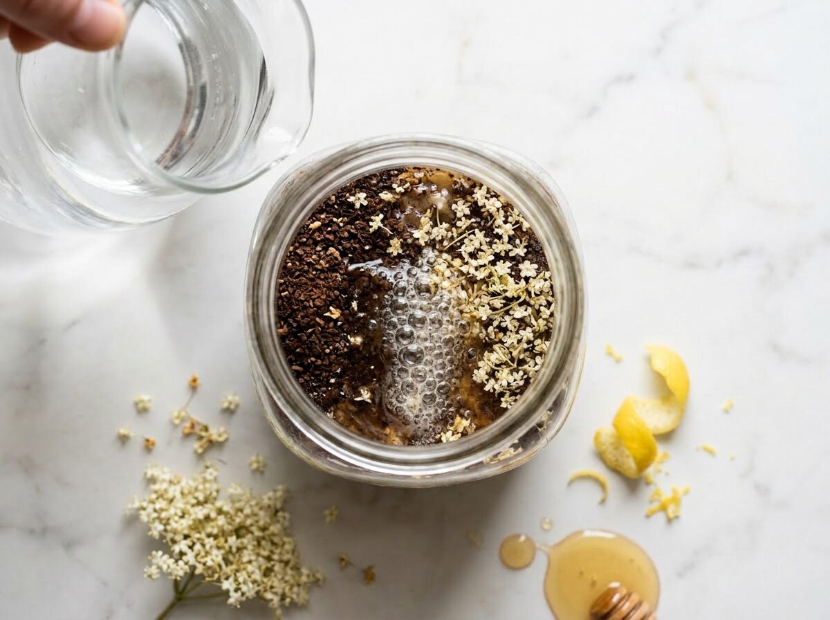 Mason jar filled with coarse coffee grounds and dried elderflower blossoms as cold water is poured in to begin steeping