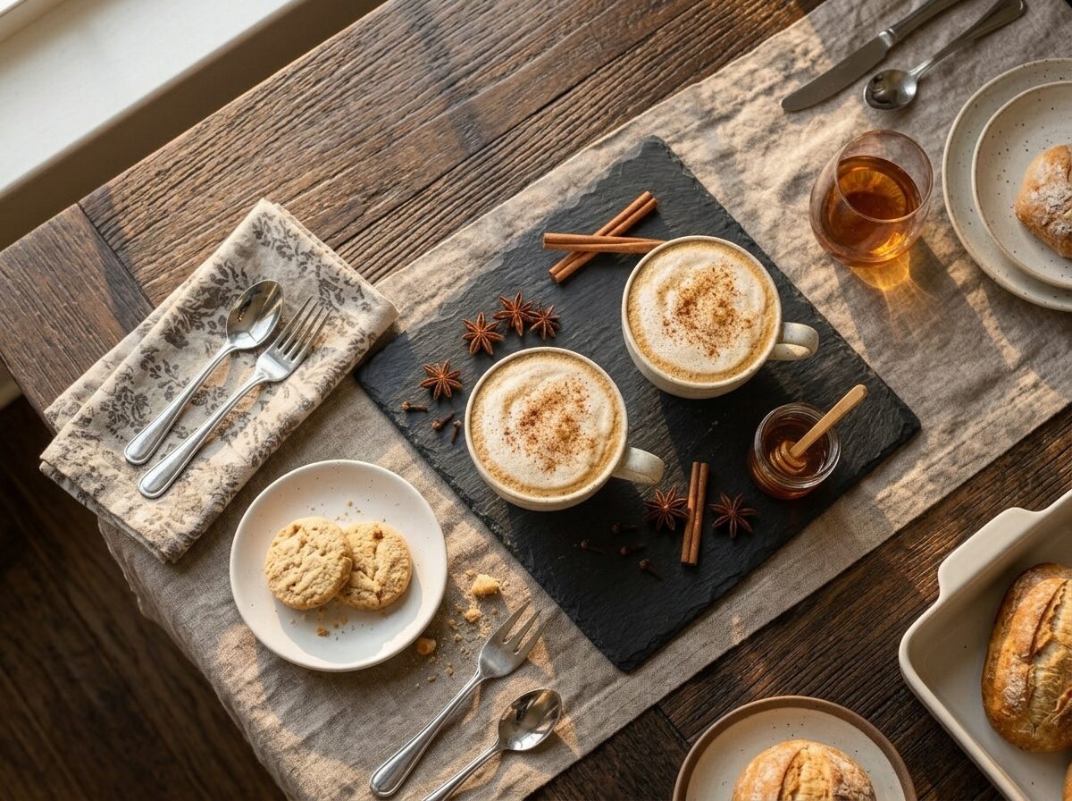 Two Five Spice Lattes in ceramic cups with shortbread on a linen table, star anise props, warm golden light