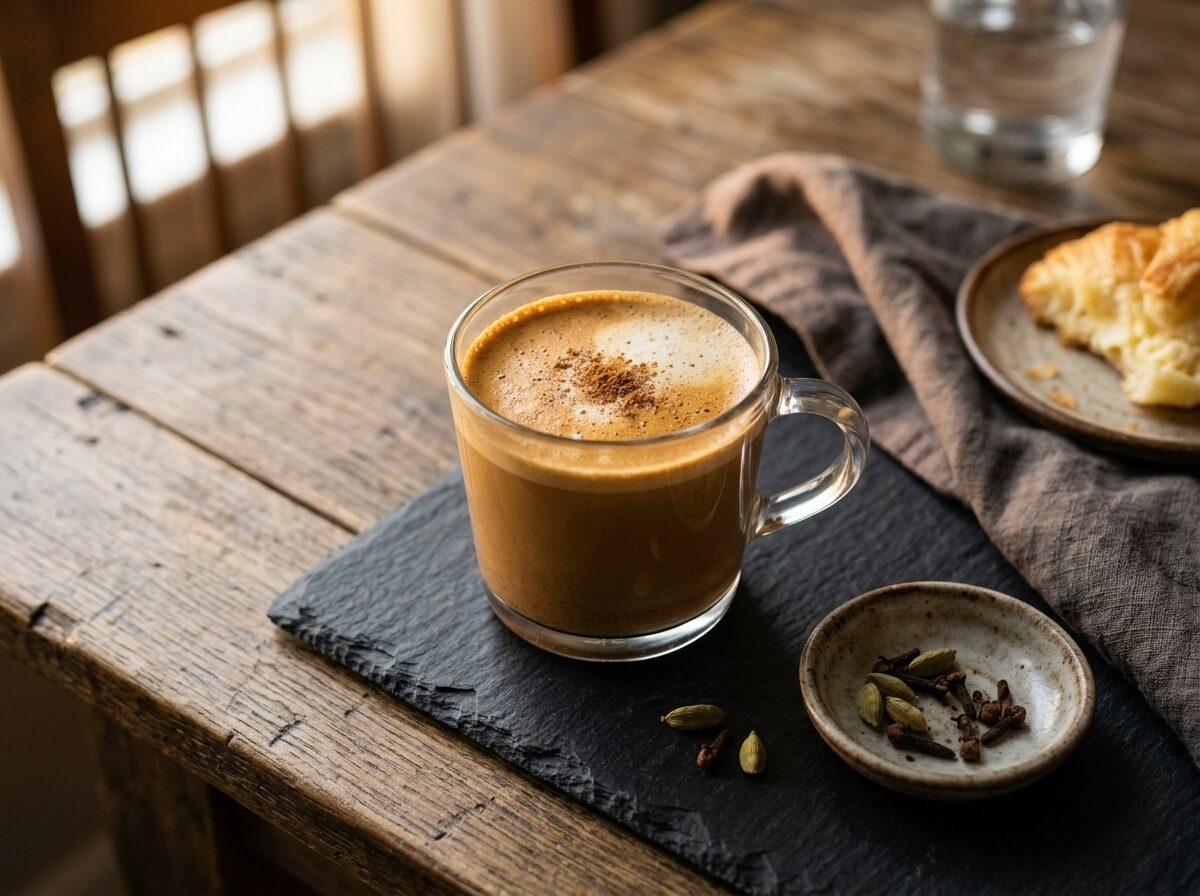 Glass mug of spiced garam masala coffee on linen napkin with cardamom pods and a butter croissant alongside