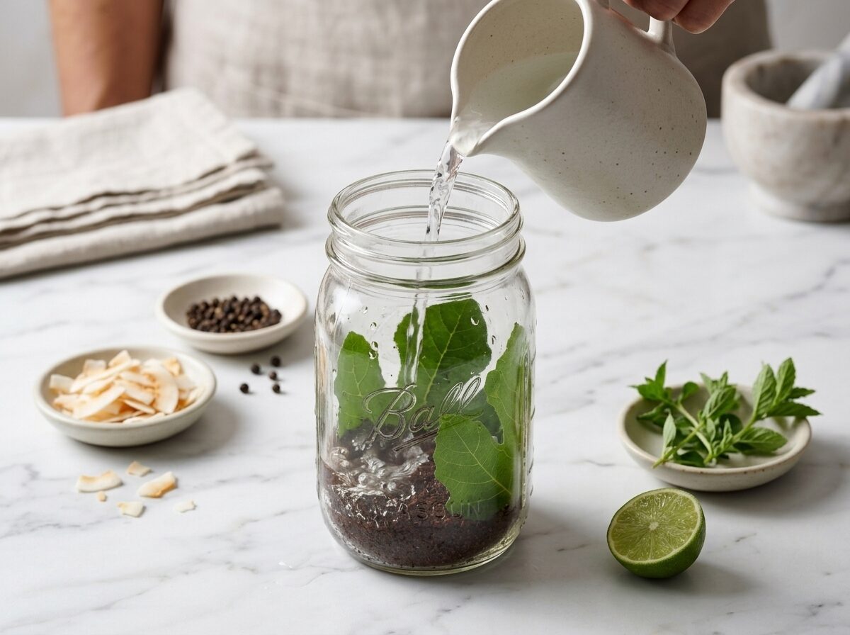 Mason jar with coarse coffee grounds and fresh fig leaves being filled with cold water for overnight cold brew