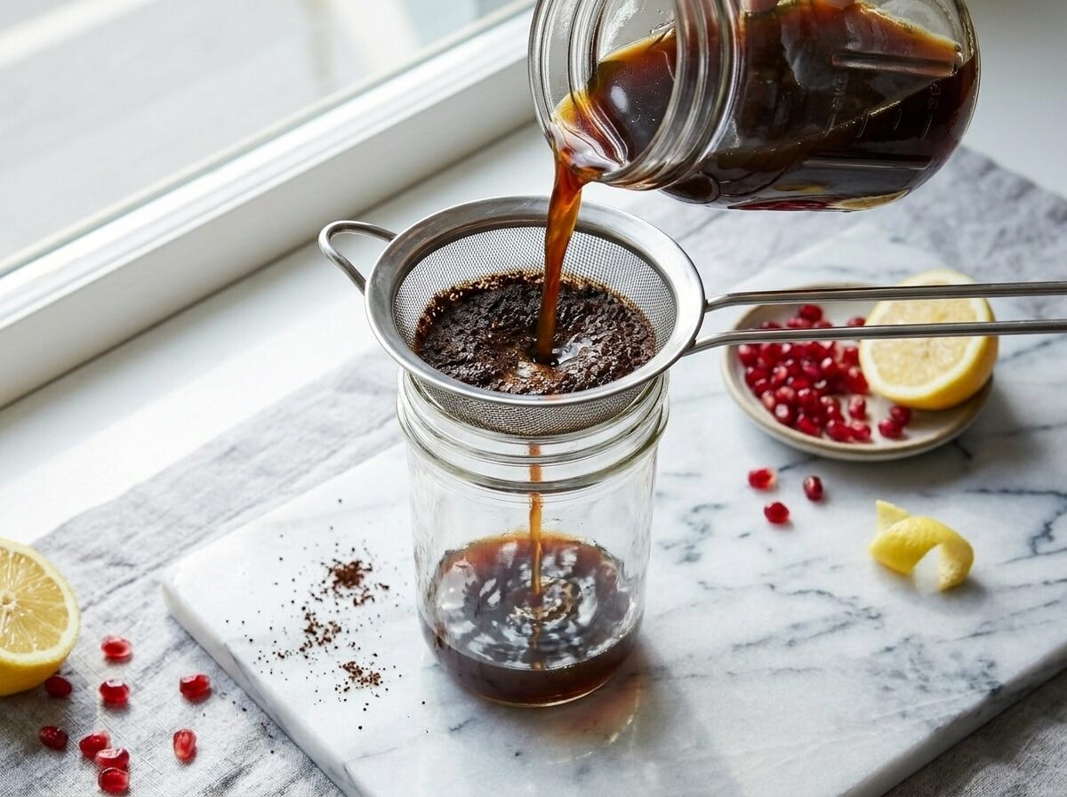 Cold brew coffee concentrate being strained through a fine-mesh sieve into a glass jar on a marble countertop