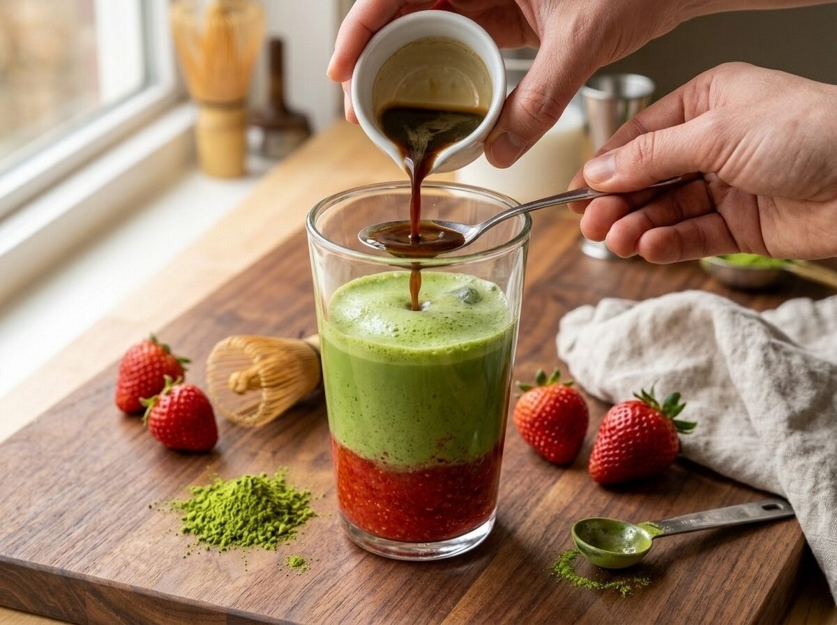 Hand pouring espresso over a spoon to create a clean top layer in a strawberry matcha espresso glass