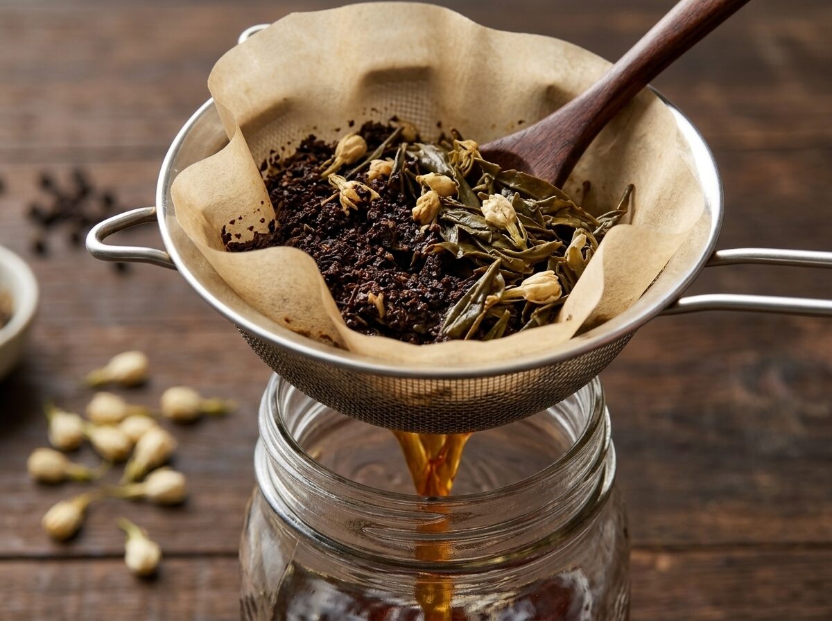 Jasmine green tea and coffee grounds being strained through a paper filter into a mason jar during cold brew preparation