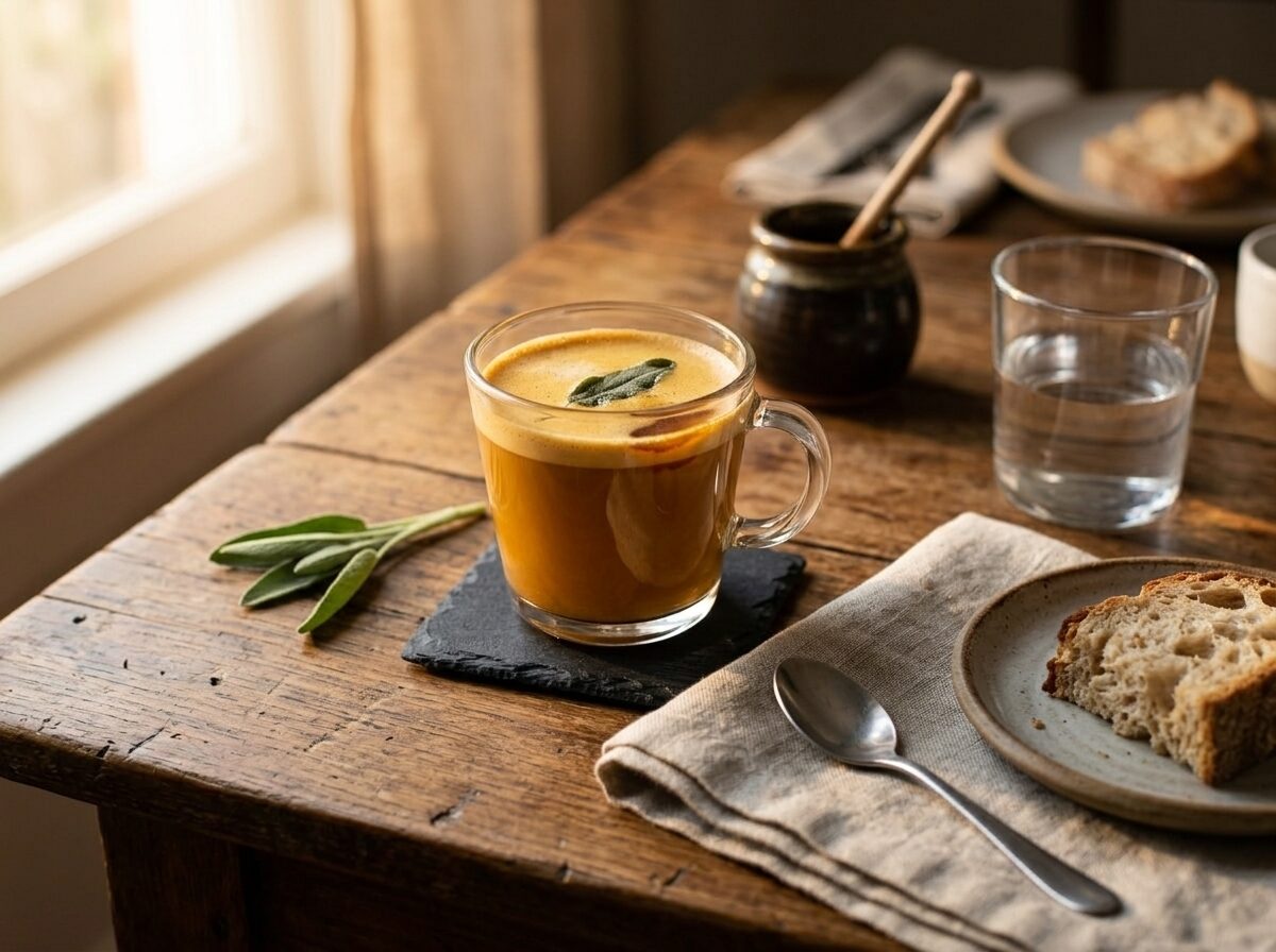 Clear glass mug of sage brown butter coffee on a wooden table with honey jar and fresh sage sprigs in morning light