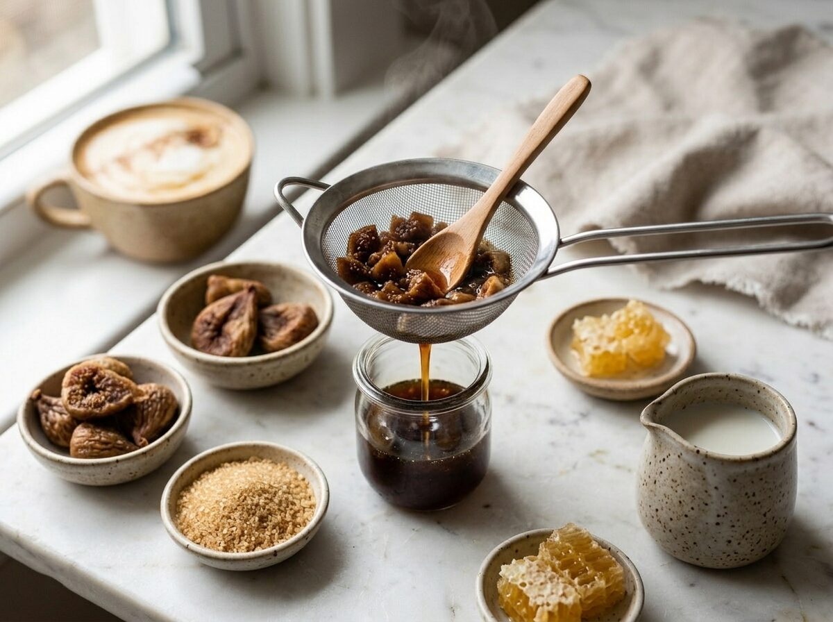 Straining homemade fig syrup through a fine-mesh sieve into a glass jar with softened dried figs in the sieve
