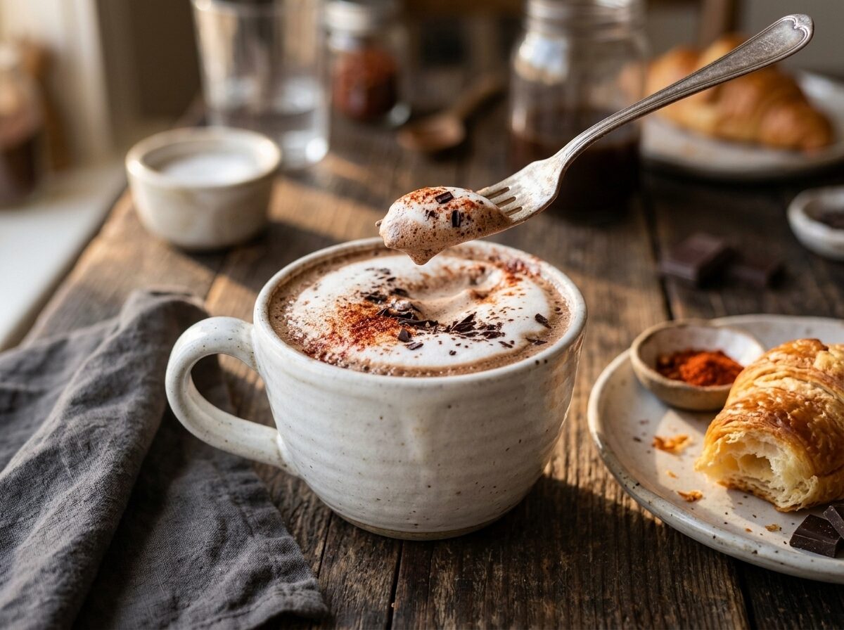 Smoked paprika mocha served in a white mug beside a croissant and dark chocolate squares on a linen napkin
