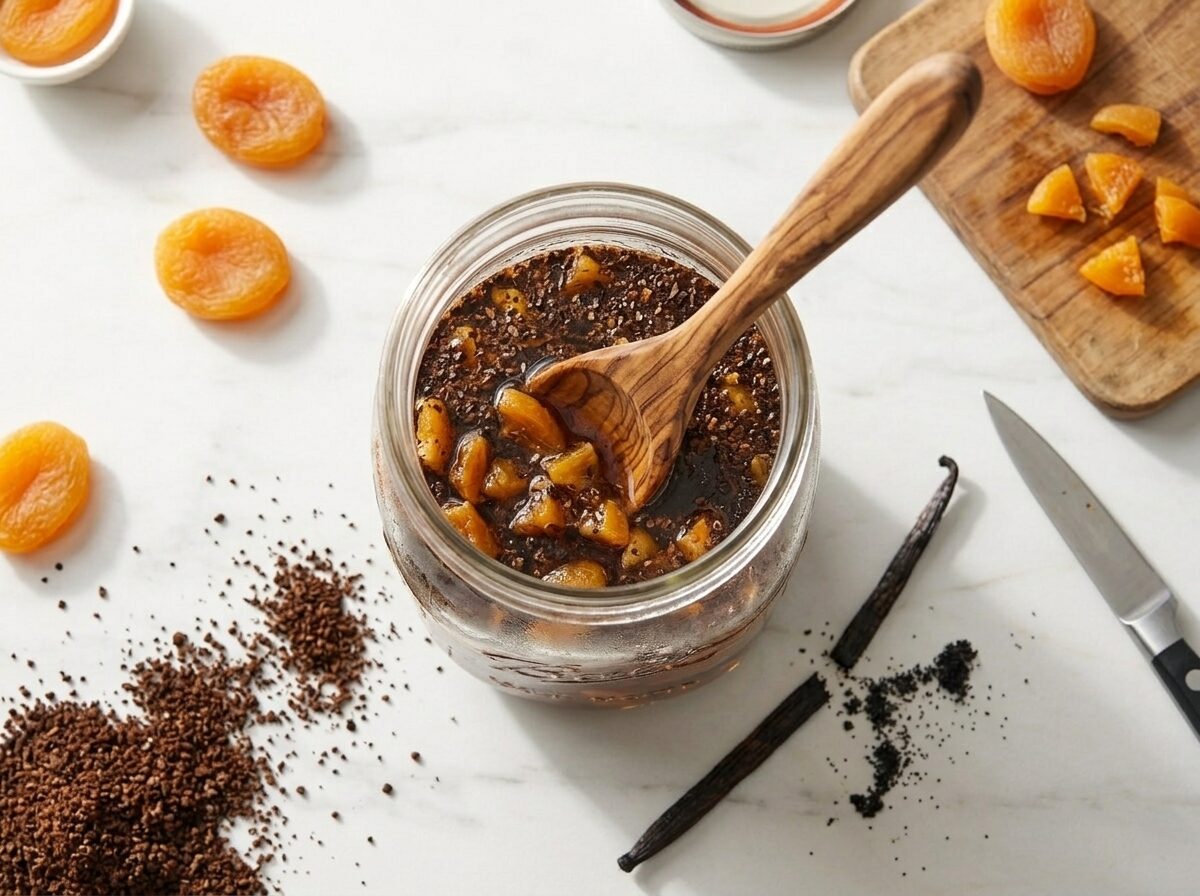 Coarse coffee grounds and chopped dried apricots being stirred into a mason jar to start cold brew steeping