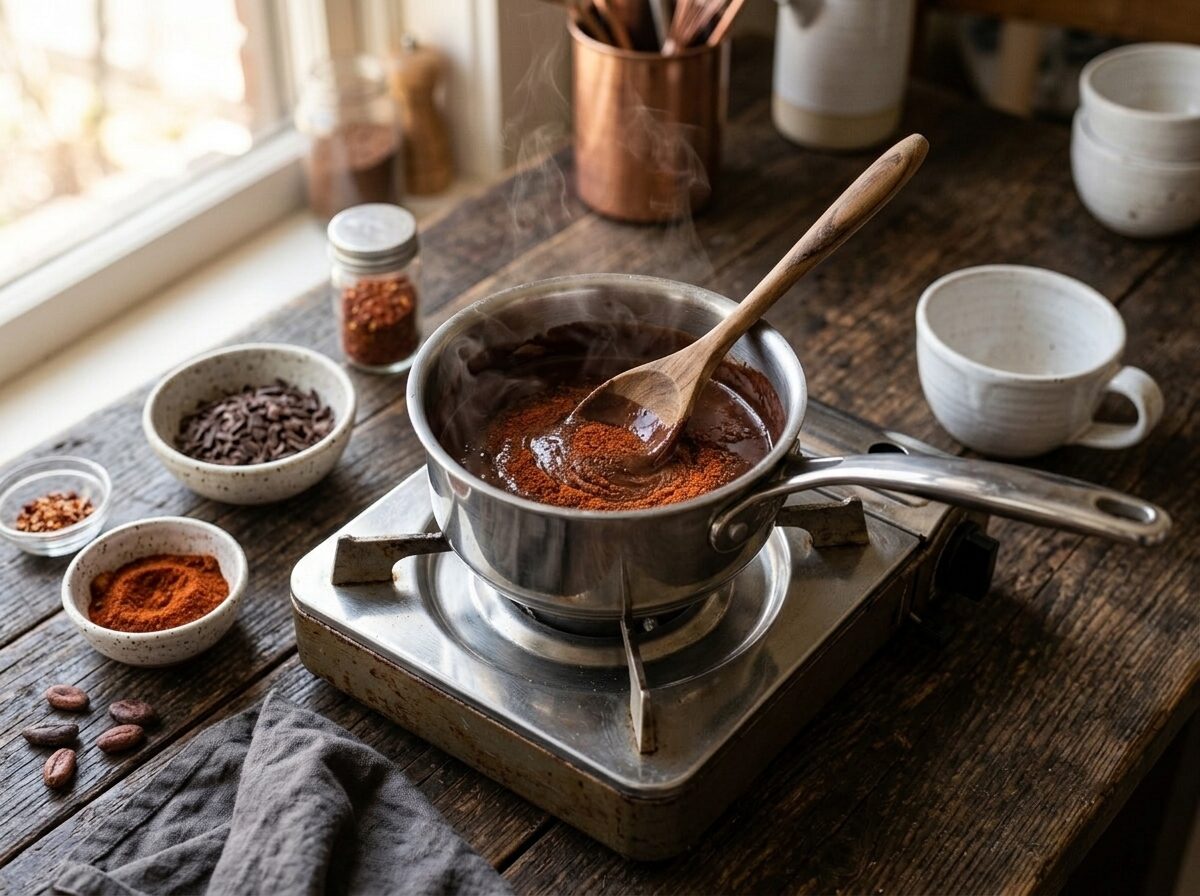 Dark chocolate and smoked paprika being stirred together in a small saucepan on a stovetop to make mocha base