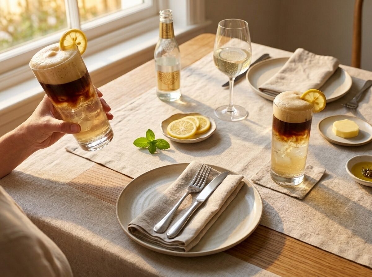 Two yuzu espresso tonic drinks on a linen table with citrus slices and tonic bottle in warm morning light