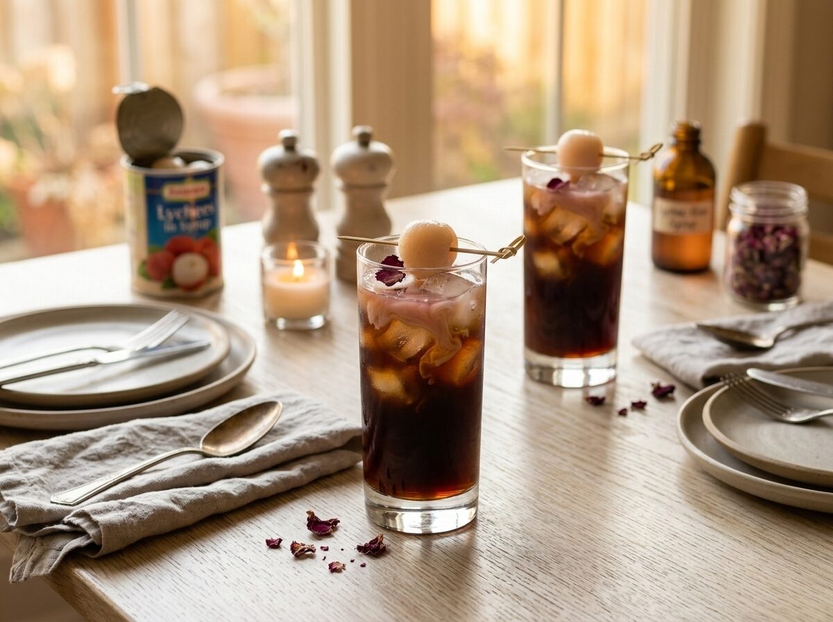 Two glasses of lychee rose cold brew with lychee garnish on a wooden table in warm afternoon light