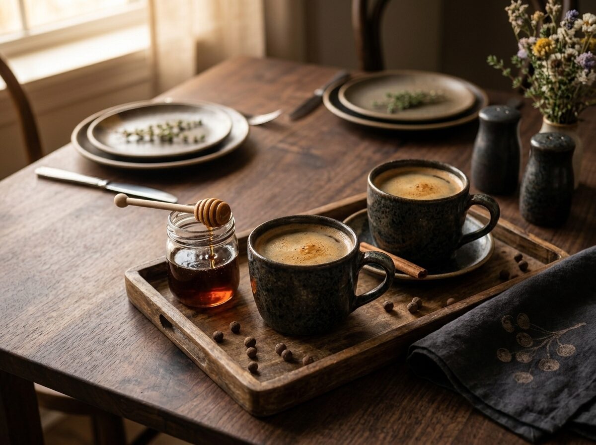 Two mugs of allspice maple coffee on a wooden tray with a small jar of maple syrup and scattered allspice berries in morning light